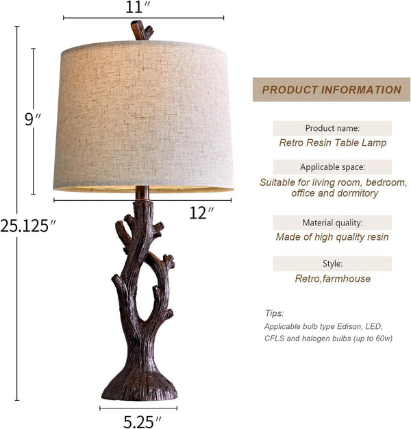 25" Farmhouse Table Lamp Set of 2 for Living Room Bedroom Resin Bedside Tree Lamp Nightstand End Table Lamps Vintage Natural Style6