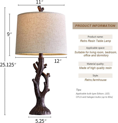 25" Farmhouse Table Lamp Set of 2 for Living Room Bedroom Resin Bedside Tree Lamp Nightstand End Table Lamps Vintage Natural Style6