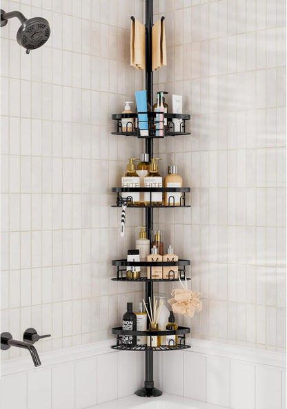 Rustproof Corner Shower Caddy Freestanding Tension Pole, 4 Large Baskets for Bathtub Shampoo Storage Organizer Bathroom Height Adjustable Shelves from 23.6 to 114.5 Inch with Towel Bar1