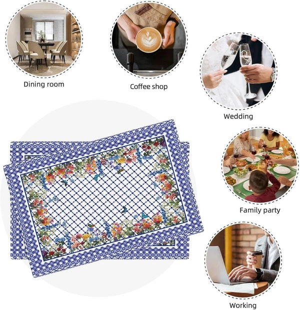 Navy Blue White Placemats Set of 4, Chinoiserie Vintage Table Mats Non-Slip Washable, Wildflowers Colorful Linen Place Mats for Kitchen Dining Home Party Indoor Outdoor Table Decor5