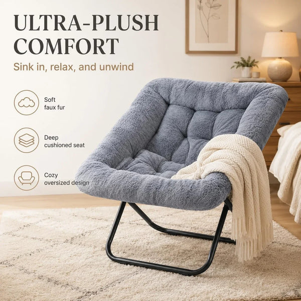 Oversized Square Moon Chair for Adults, Soft Faux Fur Folding Lounge Chair with Sturdy Steel Frame, Comfortable Reading Gaming Chair for Living Room, Bedroom, Grey9