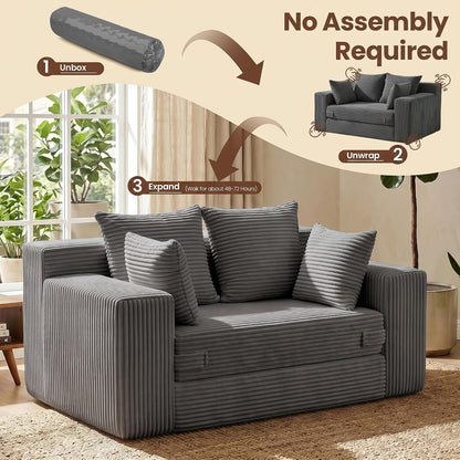 Boneless Mini Couch 53 Inch, 3-In-1 Gray Boneless Couches Covertible Sofa Bed with 4 Pillows, Small Couches for Living Room, Bedroom, Small Space7
