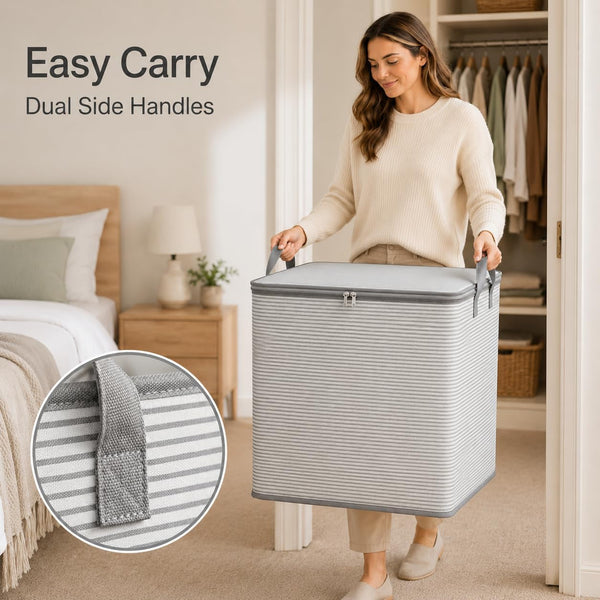 2 Pack 100L Extra Large Capacity Storage Box, 20X16X20 in Foldable Moving Bin with Zipper and Handle, Reinforced Fabric Organizing Bag for Blanket Quilt Clothes Bedding, Gray2