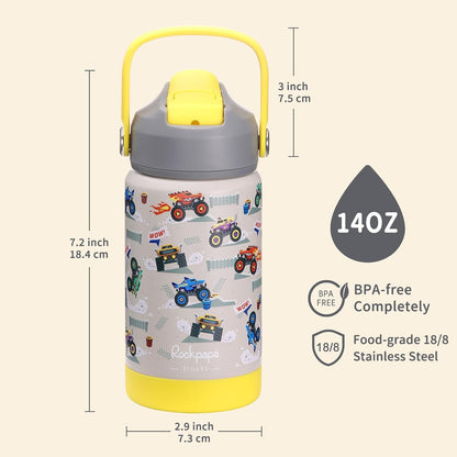 14Oz Kids Stainless Steel Water Bottle with Straws, Trucks8