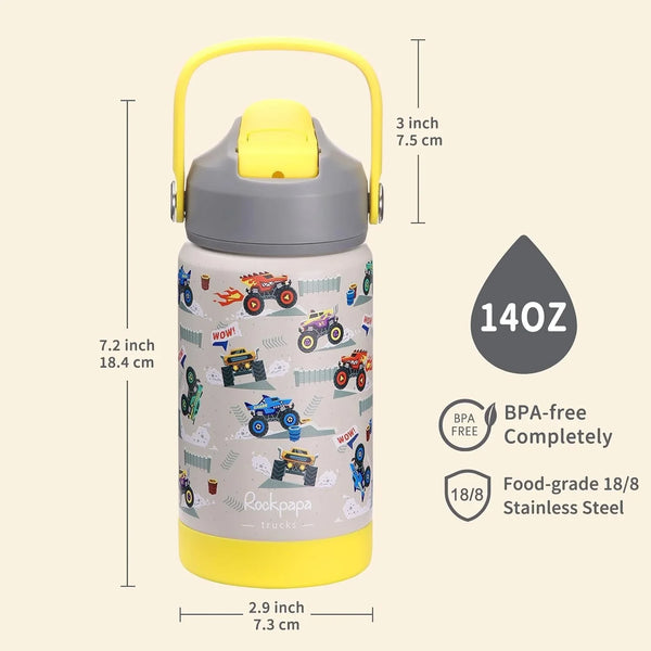 14Oz Kids Stainless Steel Water Bottle with Straws, Trucks8