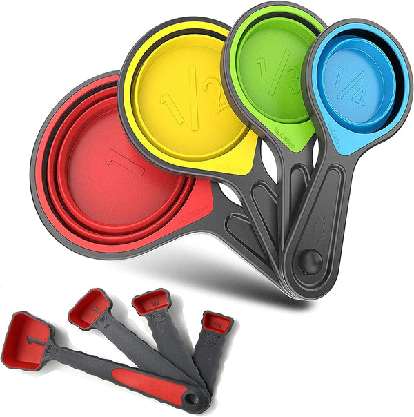 Collapsible Silicone Soft Measuring Cups and Measuring Spoons,8 Pieces Portable Food Grade Silicone Measurement Cup for Liquid & Dry Measuring Baking &Utensils & Travel Measuring Cup，Space Saver1