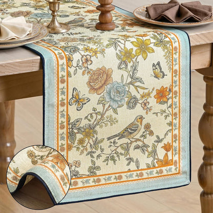Beige Floral Bird Rustic Vintage Table Runner 13X72 Inch1