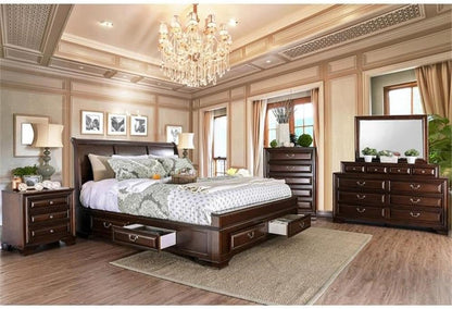 Transitional Wood Queen Storage Platform Bed, Brown Cherry Finish, 91.75" L X 64.75" W X 54" H, 6 Drawers, Arched Panel Headboard, Solid Wood Frame, Durable MDF Slats, Bedroom Furniture4