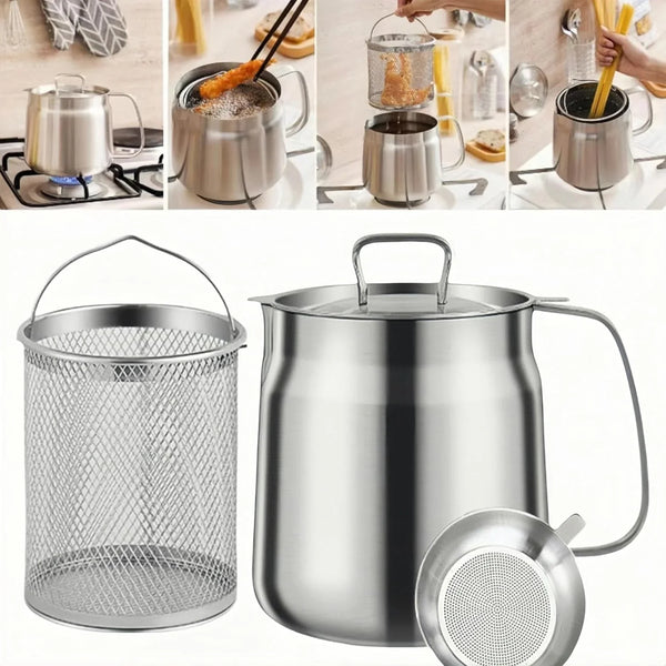 68Oz 304 Stainless Steel Deep Fryer Pot with Basket & Strainer, Large Capacity Bacon Grease Container for Kitchen,Frying, Cooking, Camping,Oil Filter Container - Dishwasher Safe (68Oz/2L/2.1Qt)1
