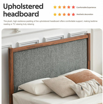 Queen Size Upholstered Platform Bed Frame with Wood Trim Headboard5