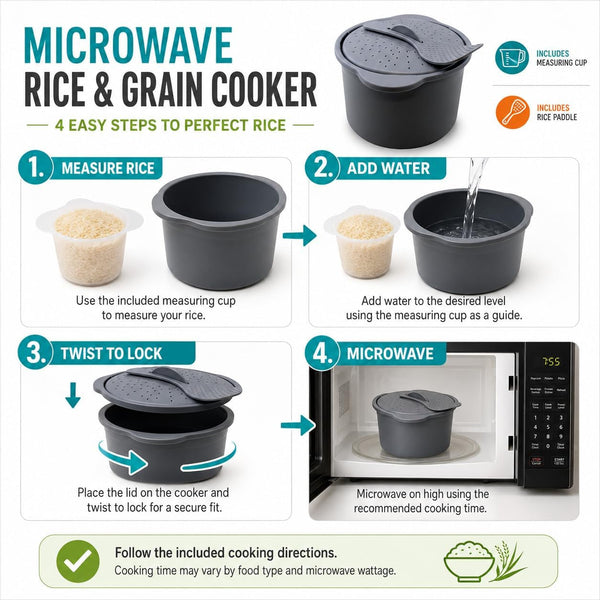 Microwave Rice Cooker and Grain Steamer 2.3L with Paddle and Measuring Cup | 2.3L Microwave Cooker for Rice, Grains and Vegetables with Locking Vented Lid, Paddle and Measuring Cup7