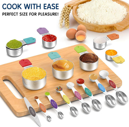 Stainless Steel Magnetic Measuring Cups and Spoons Set, 5 Nesting Magnetic Measuring Cup, 7 Magnetic Measuring Spoons, 1 Leveler for Liquid & Dry6