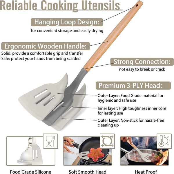 Silicone Kitchen Cooking Utensils Set with Wooden Handle, Khaki3