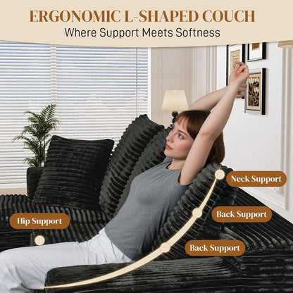 108" L Shaped Boneless Sectional Couches for Living Room, Wide Armrest, Deep Seat, Memory Foam, Assembly Free, Modern Comfy Corduroy Fluffy Cloud Sofa with Left Chaise, Black5