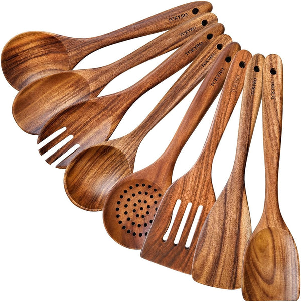 8 Piece Wooden Kitchen Utensils Set, Teak Wooden Spoons for Cooking1