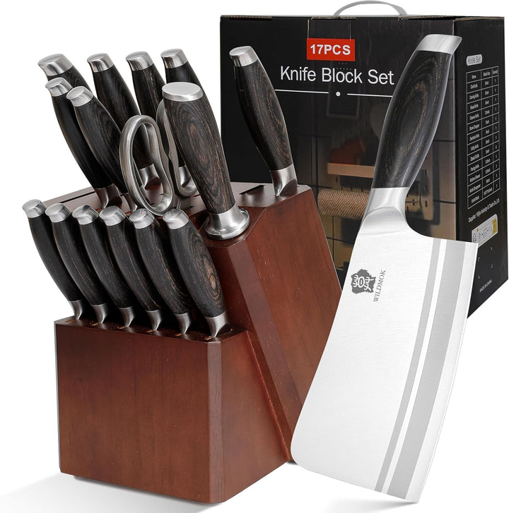 Kichen Knife Block Set, 17-Piece Knife Set with Wooden Block German Steel Kitchen Knives Sets with Bone Chopper, Gift Box