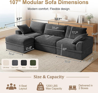 Upgraded Boneless Couch with Storage, Sectional Couches for Living Room, L-Shaped Modular Cloud Corduroy Sofa with Ottoman & Pillows, Oversized Deep Seat Memory Foam Couch, No Assembly(Gray, 107" L)2
