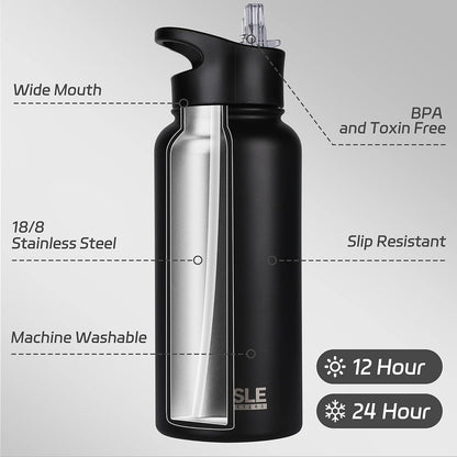 32 Oz Insulated Water Bottle Stainless Steel Double Walled Vacuum Sports Water Bottle with 2 Lids (Straw and Spout Lid) for Gym Camping Hiking(Black,1)2
