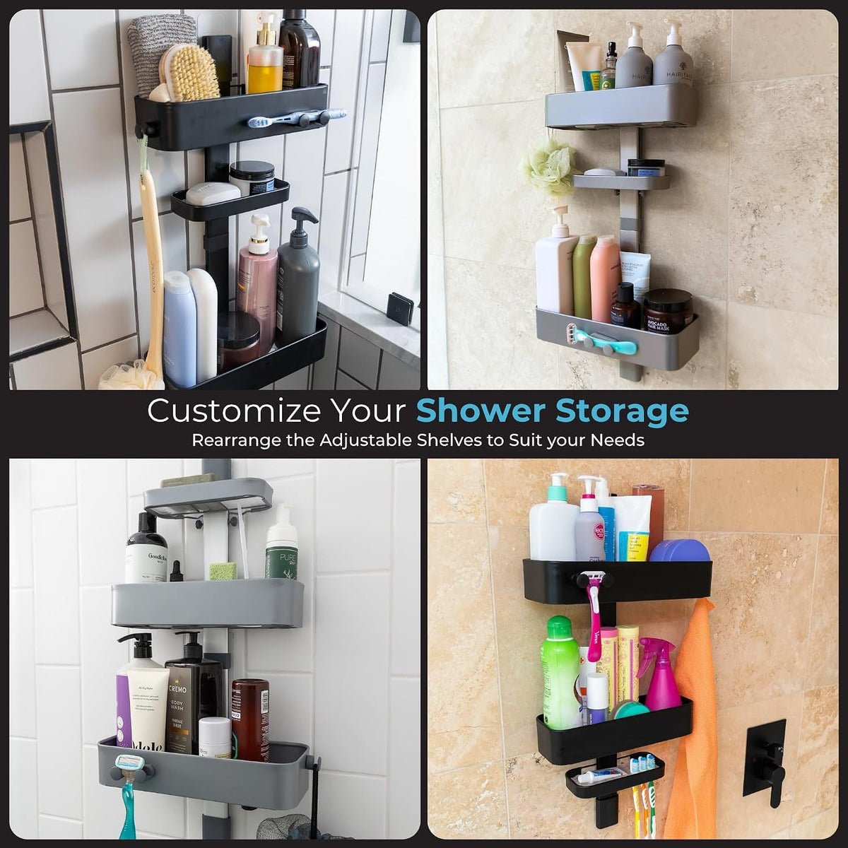 shower-caddy-adjustable-shelves-magnetic-hooks-black