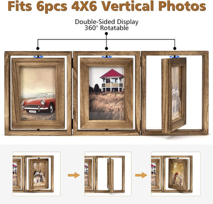 4X6 Picture Frame Rustic Wood Hinged Folding Triple Picture Frames Collage, Double-Sided Display Rotatable High Definition Glass Photo Frame for Home Tabletop(Carbonized Black)4
