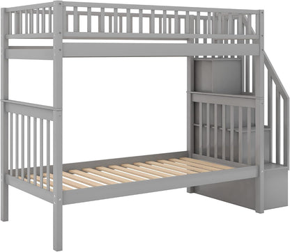 Twin-Over-Twin Bunk Bed with Trundle and Storage Staircase, Solid Wood 3 in 1 Twin Size Stairway Bunk Bed with Trundle, Grey7