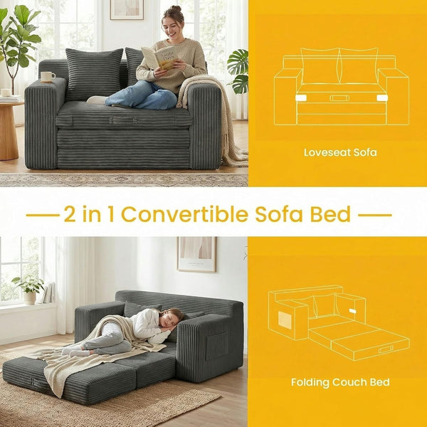 Boneless Couch,Boneless Loveseat Sleeper Sofa Bed – 3-In-1 Convertible Couch Bed with Side Pockets & Handle,Pull Out Corduroy Futon for Small Space,Living Room & Bedroom,2 Pillows Included,No Assembly4