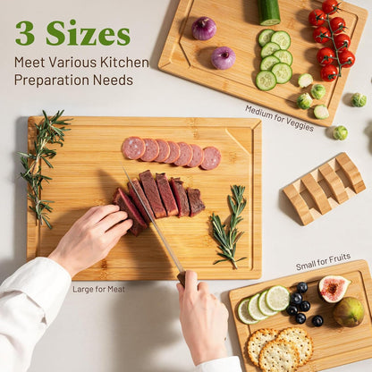 3+1 Piece Self-Draining Bamboo Cutting Boards, Wooden Cutting Boards for Charcuterie, Vegetables, Cheese, Bread, Extra Large Chopping Boards with Deep Juice Groove and Handle, Natural5