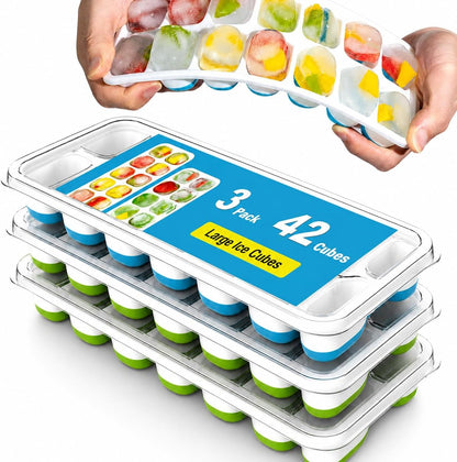 3 Pack Ice Cube Trays with Lid for Freezer, Flexible Silicone Bottom for Easy Release, Stackable Space-Saving Ice Molds, 1.2" Cubes Color-Coded (2 Green 1 Blue) for Juice, Coffee & Cocktails, BPA Free1