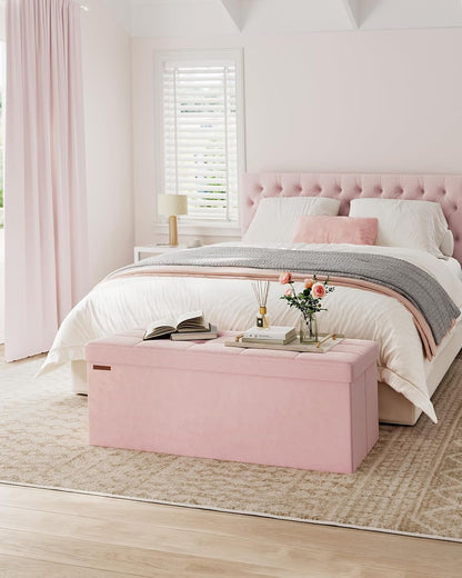 SONGMICS Mazie Collection - Storage Ottoman Bench, Foldable Foot Rest, 15 X 43 X 15 Inches, End of Bed Bench, Storage Chest, Load 660 Lb, Living Room, Bedroom, Entryway, Jelly Pink ULSF277R012