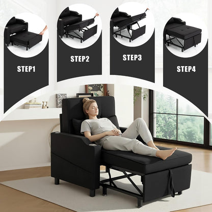 Sleeper Chair,Single Armchair Sofa with Pillow,Adjustable Backrest Recliner Sofa Modern Pull Out Couch Bed with USB Port Cup Holder Side Pocket for Living Room Bedroom(Black)4