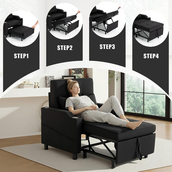 Sleeper Chair,Single Armchair Sofa with Pillow,Adjustable Backrest Recliner Sofa Modern Pull Out Couch Bed with USB Port Cup Holder Side Pocket for Living Room Bedroom(Black)4