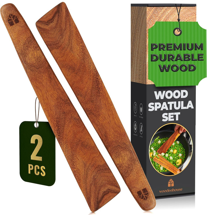 Wooden Spatula for Cooking, 12" Set of 2 - Turner & Scraper for Cast Iron | Flipper for Non Stick & Frying Pan, Egg & Pancake – BPA Free & Heat Resistant Teak Utensils