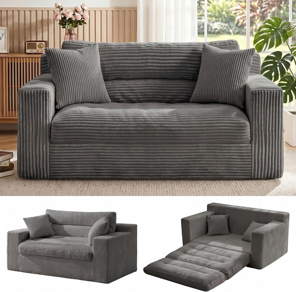 Boneless Loveseat Sofa Couch, 2 in 1 Convertible Sofa Bed with Pillows, Fold Out Bean Bag Chair Boneless Floor Couch for Living Room Bedroom Office Lounge Apartment, No Assembly Needed, Grey1
