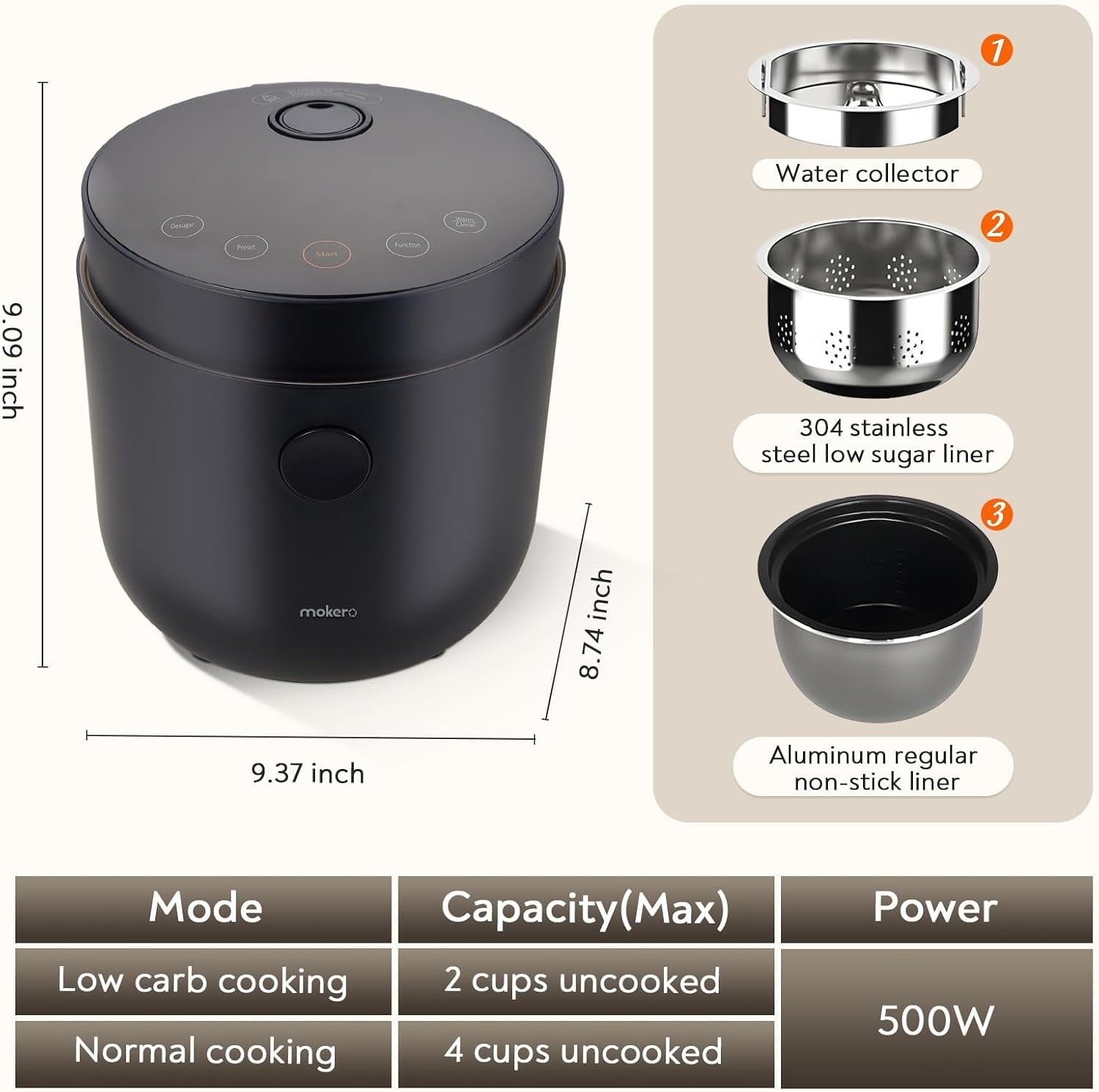 low-carb-sugar-rice-cooker-2-cups-uncooked-and-4-cups-of-regular-cooking-small-carb-reducing-maker-rice-and-grain-multi-cooker-with-stainless-steel-and-nonstick-inner-pot