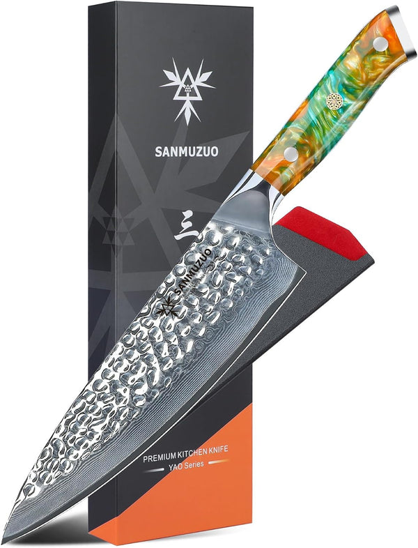 8" Chef Knife - Professional Kitchen Knife - Hammered Damascus Steel & Resin Handle - YAO Series1