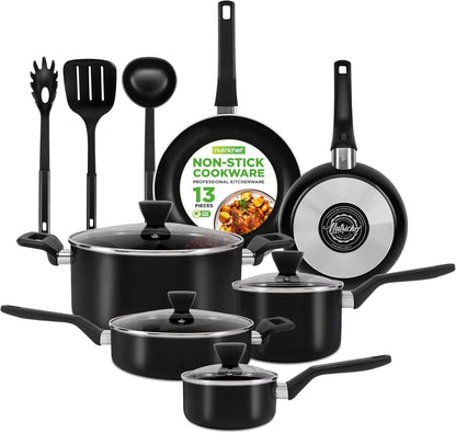 13-Piece Nonstick Cookware - Heat Resistant Kitchen Ware Set W/Saucepan, Frying Pans, Cooking Pots, Casserole, Lids, Ladle, Fork, Strainer - NCCWA13, Black1