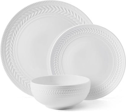 Josephine 24-Piece Dinnerware Set, Porcelain Dish Set with Embossed Basket Weave Design, Service for 8, White Plates and Bowls Sets, Microwave and Dishwasher Safe2