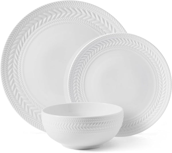 Josephine 24-Piece Dinnerware Set, Porcelain Dish Set with Embossed Basket Weave Design, Service for 8, White Plates and Bowls Sets, Microwave and Dishwasher Safe2