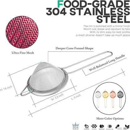 304 Stainless Steel Fine Mesh Strainer, Sieve Sifter for Tea, Food | 3.3'' Kitchen Small Strainer Fine Mesh, Sieve Filter for Tea, Fruits, Juicing, Drinks, Coffee, Cone Cocktail Bar Strainer4