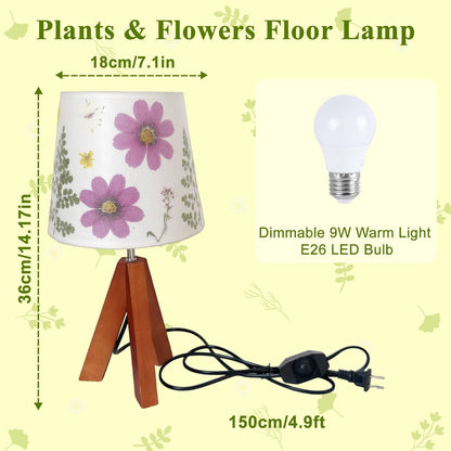 Dried Flowers Tripod Table Lamp 14.17In, 9W LED Dimmable Cute Bedside Lamp with Flowers Linen Lampshade for Nursery, Bedroom, Kid Room, Living Room, Light Brown Wooden Base4