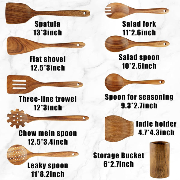 Wooden Spoons for Cooking, 10 Pcs Teak Wooden Cooking Utensil Set with Holder, Wooden Kitchen Utensils Set for Nonstick Pans & Cookware2