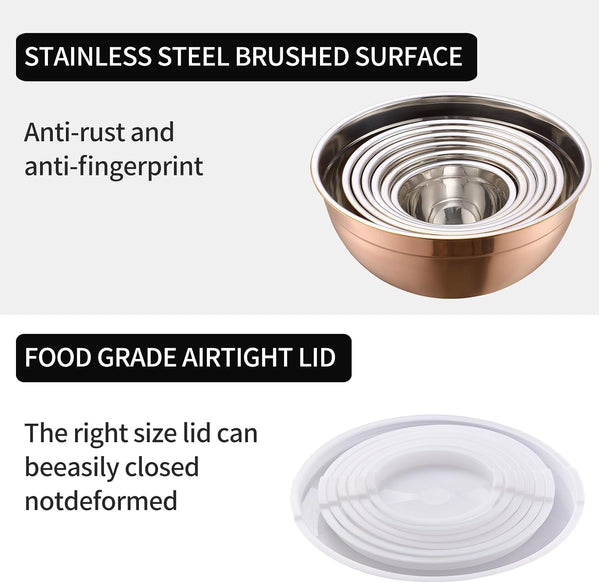 Rose Gold Mixing Bowls with Lids Set of 7, Stainless Steel Nesting Bowl with Khaki Lid for Non-Slip Mixing Prepping Storing Serving, 7 Sizes-7/3.6/2.7/2.1/1.5/1/0.8 QT3