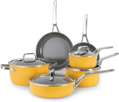Yellow 10 Piece Ceramic Cookware Set | Pots Pans for Family Meals | Include Saucepan, Saute Pan, Stockpot, Frying Pans, Oven Safe to 480°F, Dishwasher Safe, Non-Toxic PFAS Free, Induction Bases1