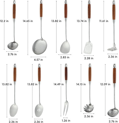 18/10 Stainless Steel Kitchen Utensils Set,10 Piece Cooking Utensils with Wood Handle,Heat Resistant Kitchen Tool Set with Spatula,Spoon,Ladle,Skimmer,Slotted Turners,Pasta,Turner,Ladl,Fork2
