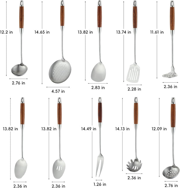 18/10 Stainless Steel Kitchen Utensils Set,10 Piece Cooking Utensils with Wood Handle,Heat Resistant Kitchen Tool Set with Spatula,Spoon,Ladle,Skimmer,Slotted Turners,Pasta,Turner,Ladl,Fork2