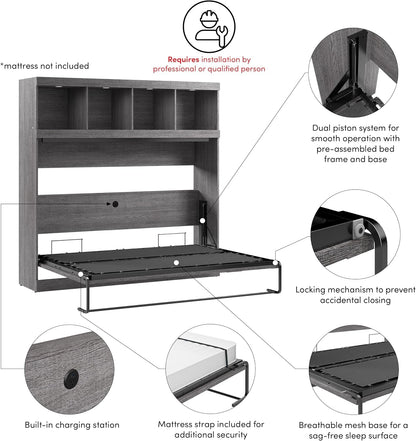 Pur Full Horizontal Murphy Bed with Storage & Charging, Grey, 80W8