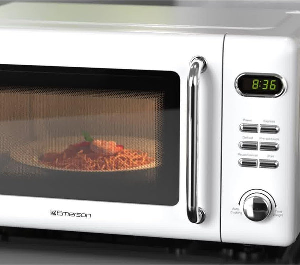 MWR7020W Compact Countertop Microwave Oven with Button Control, LED Display, 700W 5 Power Levels, 8 Auto Menus, Glass Turntable and Child Safe Lock, 0.7, Retro White8