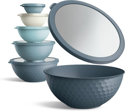 Mixing Bowls with Lids - 12 Piece Plastic Nesting Bowls Set Includes 6 Prep Bowls and 6 Lids, Microwave Safe Mixing Bowl Set, Blue Embossed2