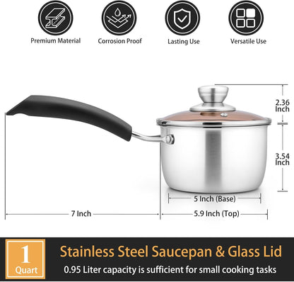 1 Quart Sauce Pan with Lid, Small Pot Saucepan for Milk, 1 Pc | Stainless Steel Saucepan, Small Sauce Pot for Cooking, Visible Glass Lid & Bakelite Heat-Proof Handles,Dishwasher Safe2