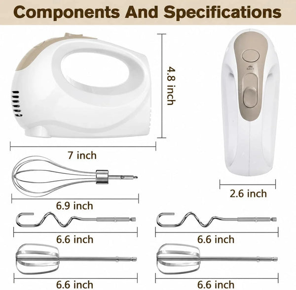 Electric Hand Mixer with 5 Stainless Steel Whisks,5 Speed,White | Portable Kitchen Mixer Electric Whisk with 4 Stainless Steel Mixing Bowls, Measuring Cups, Spoons & Silicone Spatula4